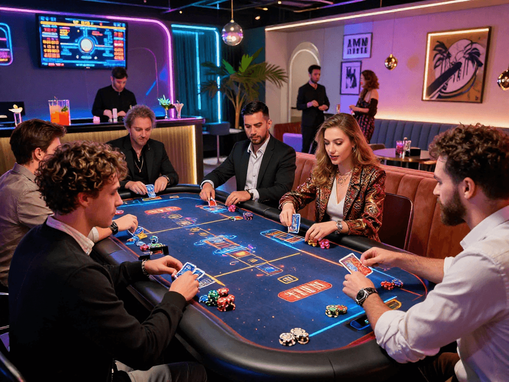 Exciting crypto casino scene with players engaging in digital gaming, neon lights, and luxury atmosphere.