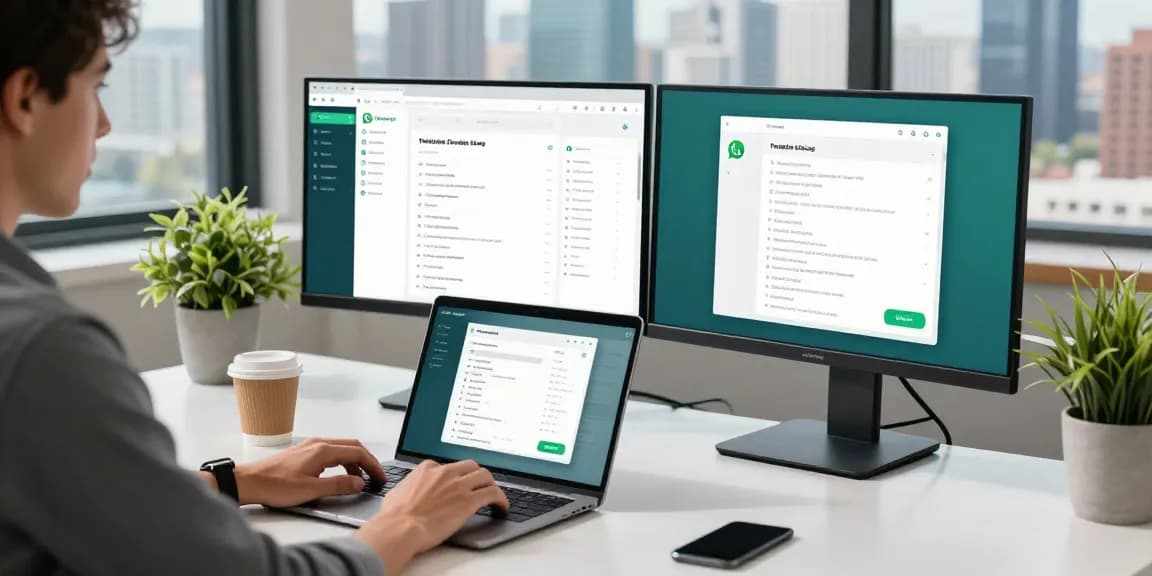 Professional workspace showcasing WhatsApp下載 interface on monitors with a laptop, coffee, and city view.