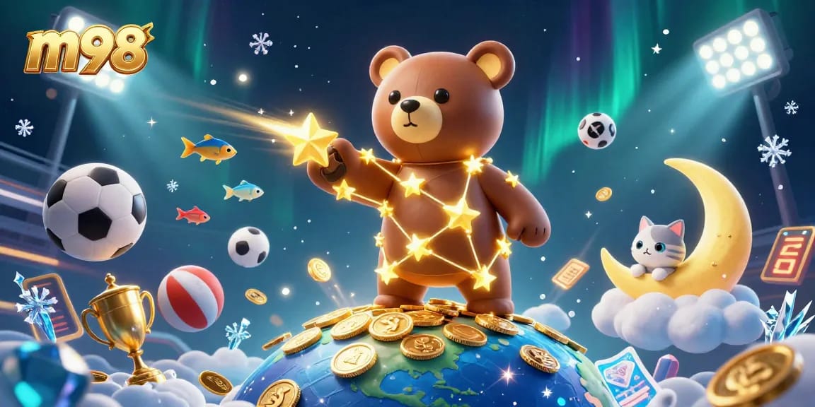 Experience thrilling wins with m98 as casino-themed characters scoop gold coins and sports elements.