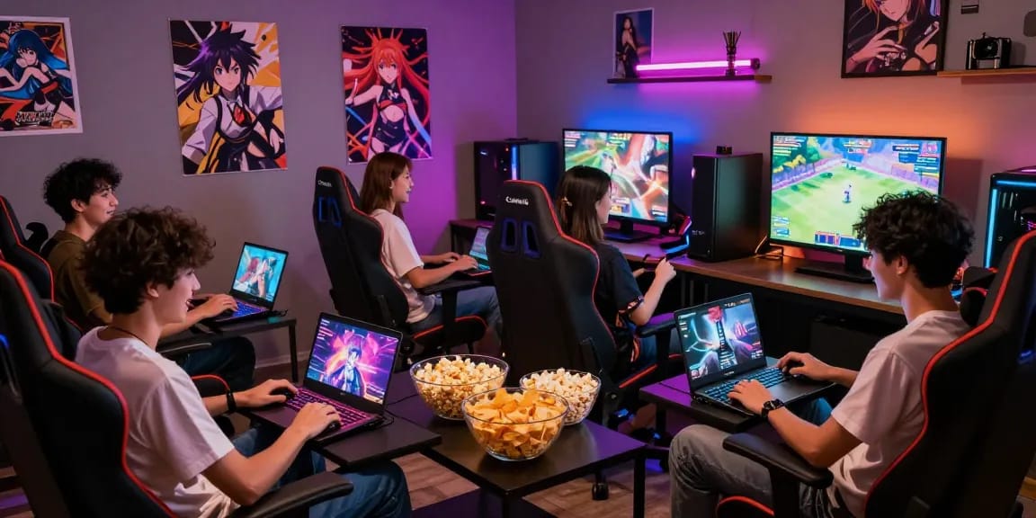 Engaged gamers enjoying hentai games in a vibrant lounge setting with colorful lights.