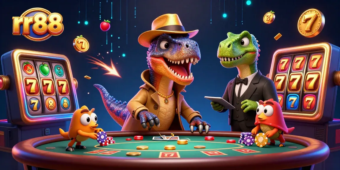 Engage with rr88's electric blackjack scene featuring a velociraptor card counter and dynamic slot elements for a thrilling experience.