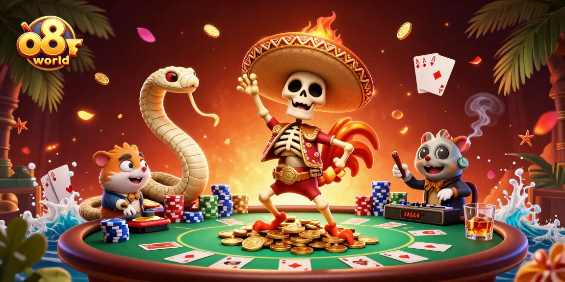 Experience the thrill of o8world with a vibrant casino scene featuring playful characters and rich game elements.