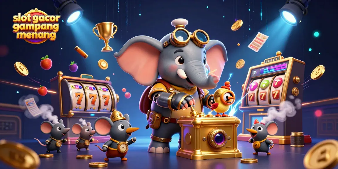 Experience slot gacor gampang menang with a steampunk elephant engineer at a golden slot machine.