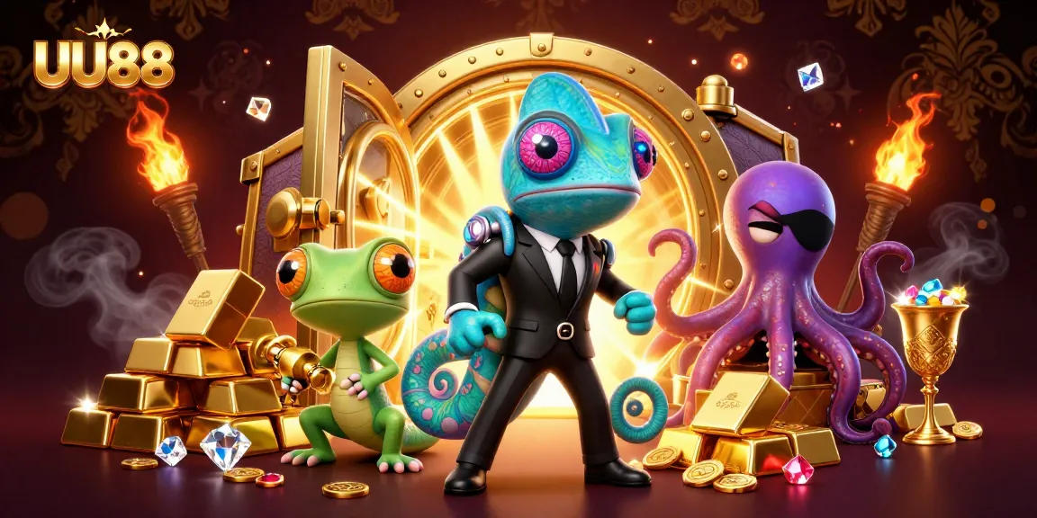 Engage in thrilling games at UU88 with vibrant casino characters and rich treasure.