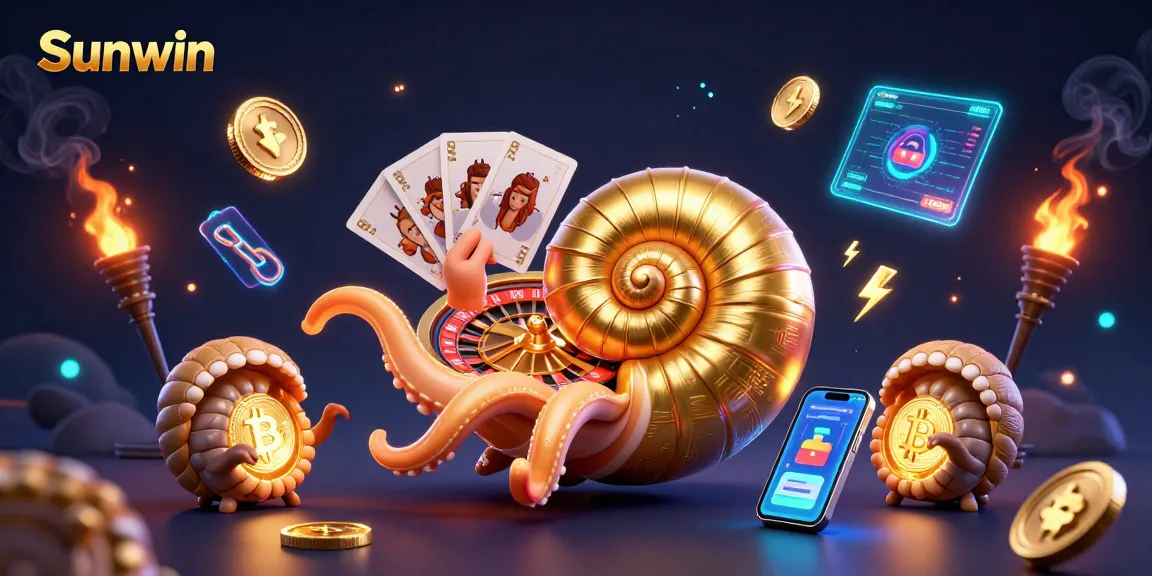 Sunwin's giant nautilus explores the casino universe with glowing crypto coins and gaming cards.