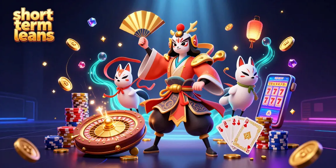 Spin to win with short term loans in a lively casino scene filled with vibrant characters and game elements.