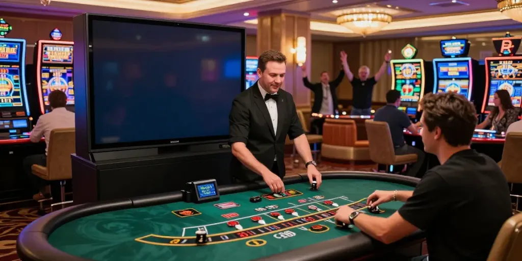 Immersive online casino atmosphere at http://sin88-onl.com/ featuring engaging games, a dealer, and excited players.