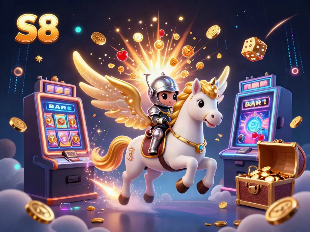 Experience the thrill of S8 with a vibrant casino scene featuring slots and a heroic knight.