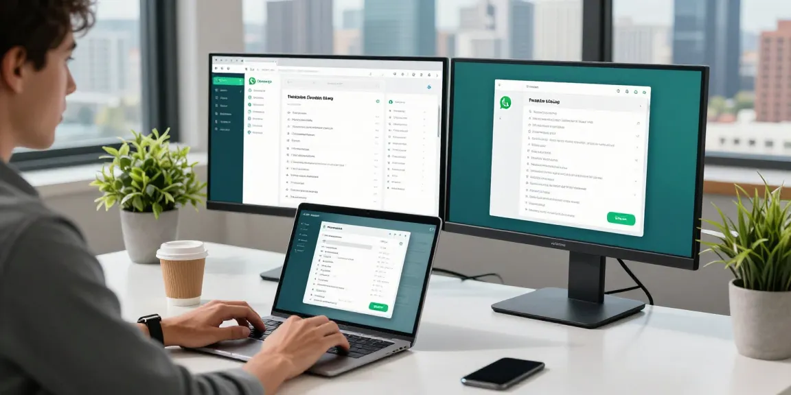 Professional workspace showcasing WhatsApp下載 interface on monitors with a laptop, coffee, and city view.