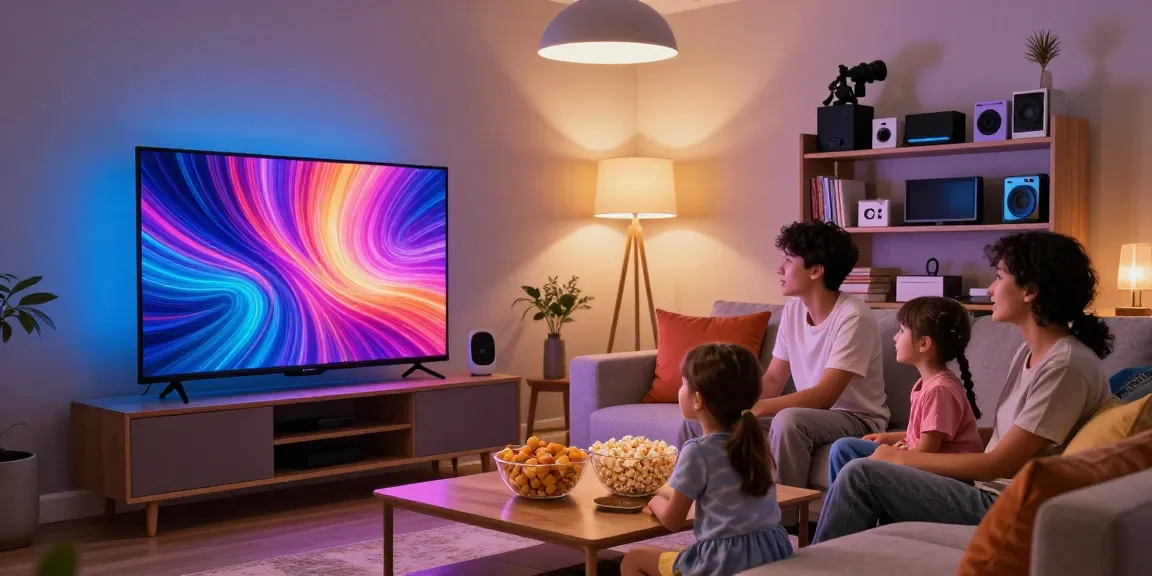 Family enjoying a movie night with a vibrant mini LED TV in a cozy living room setting.