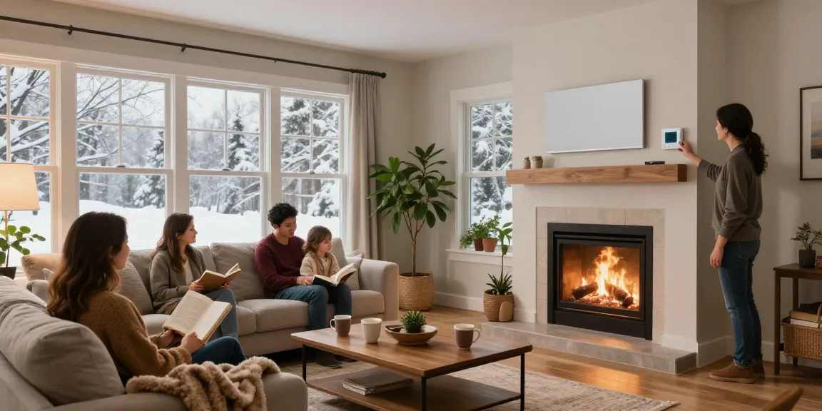 HVAC Stevens Point WI family enjoying warm home with cozy fireplace, highlighting comfort and heating solutions.