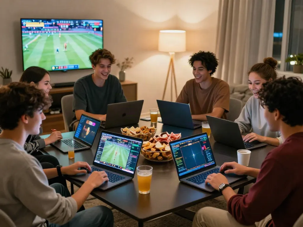 Friends enjoying an online betting game at http://11bet-app.net/ in a cozy living room.