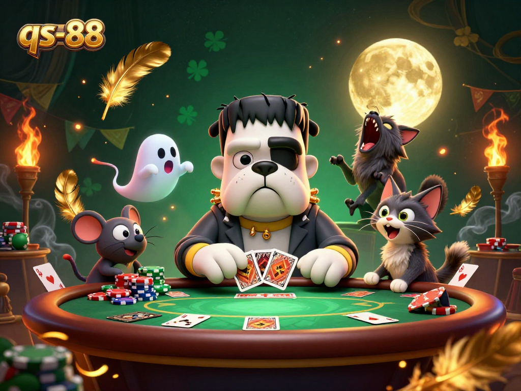 qs-88 showcases a Frankenstein bulldog dealing cards at a spooky poker table with unique characters.