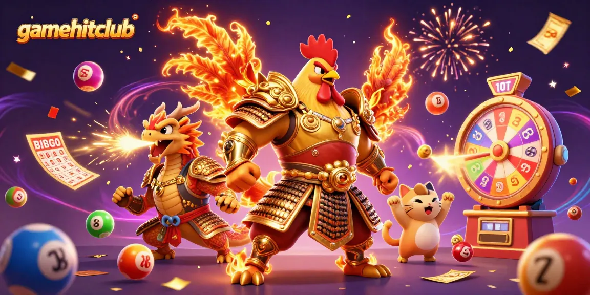 Experience the excitement at gamehitclub with vibrant lottery balls and characters above a rich casino backdrop.