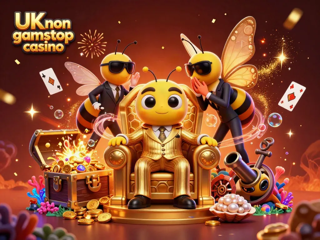 Engaging 3D depiction of a UK non gamstop casino featuring a bumblebee mob boss and vibrant gambling elements.