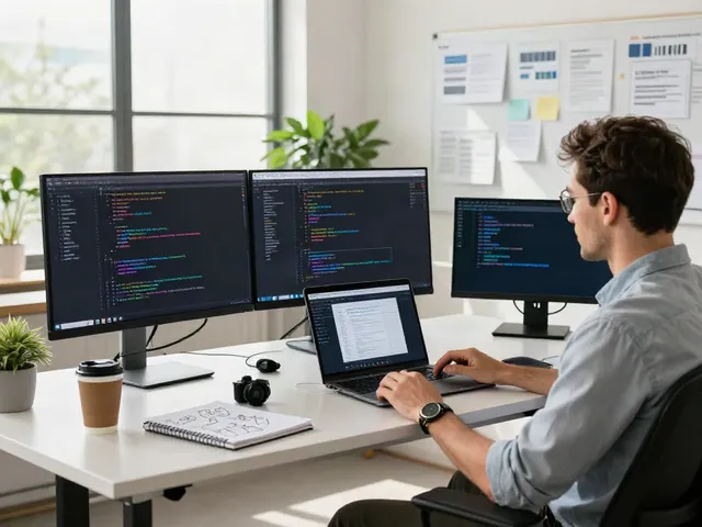 Click this to discover a modern software development workspace showcasing vibrant code and design.