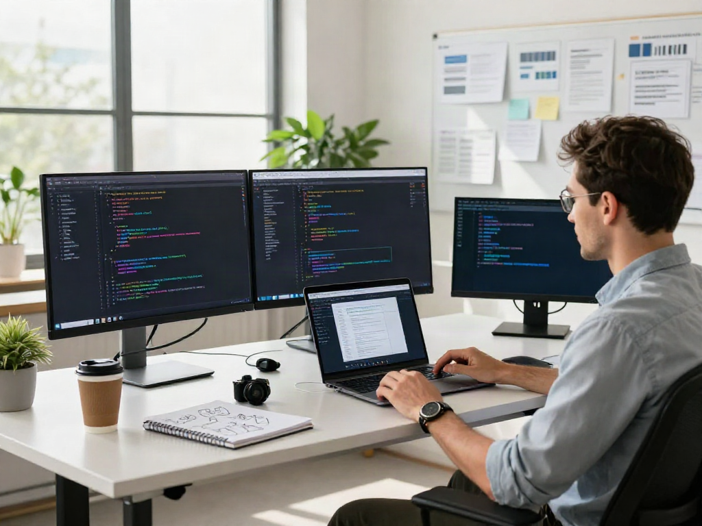Click this to discover a modern software development workspace showcasing vibrant code and design.