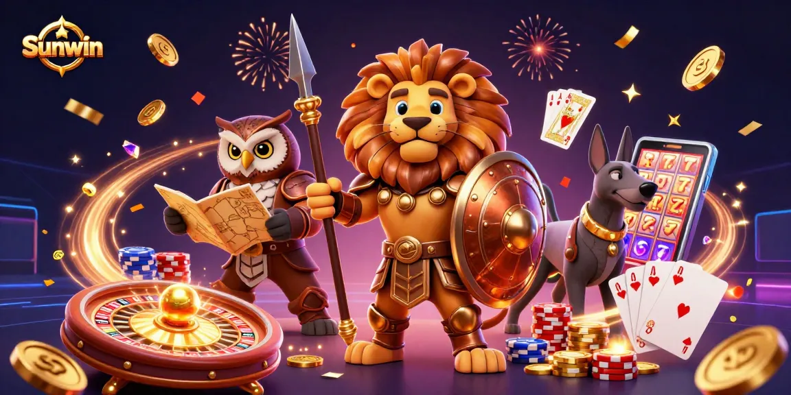 Experience the excitement of Sunwin with winning games, gold coins, and vibrant casino elements.