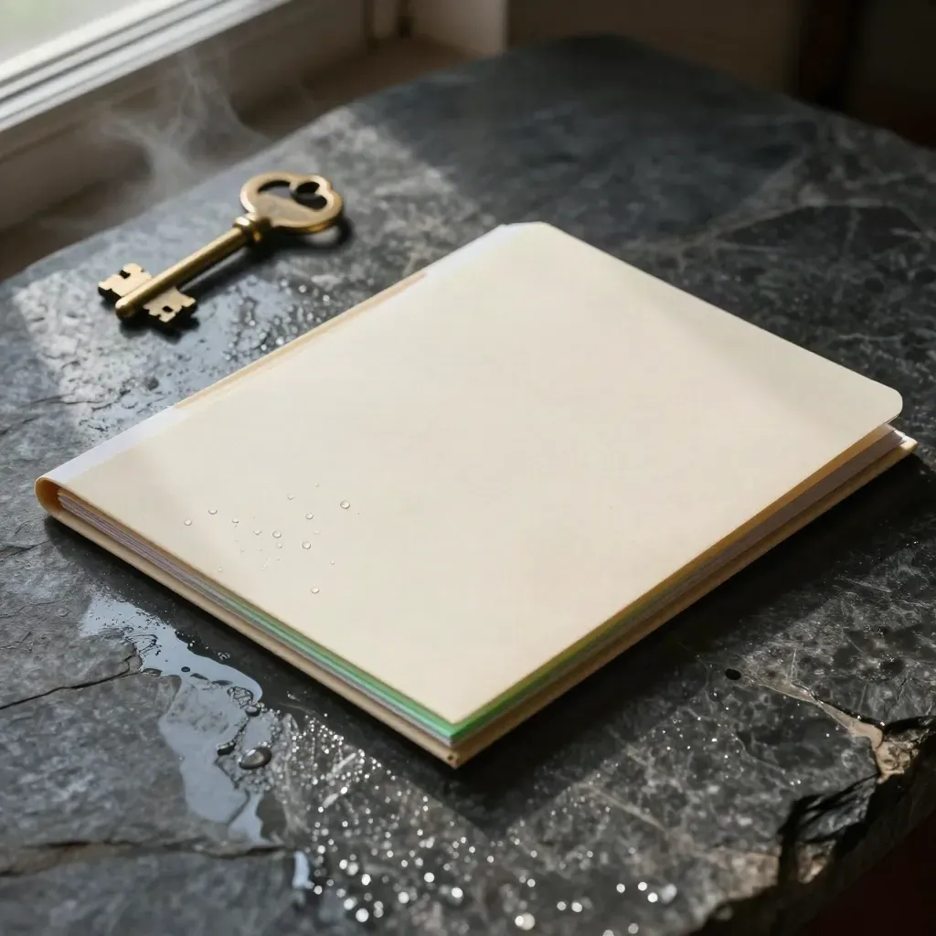 Cream energy tariff folder with brass key and slate tile on wet stone, top-down