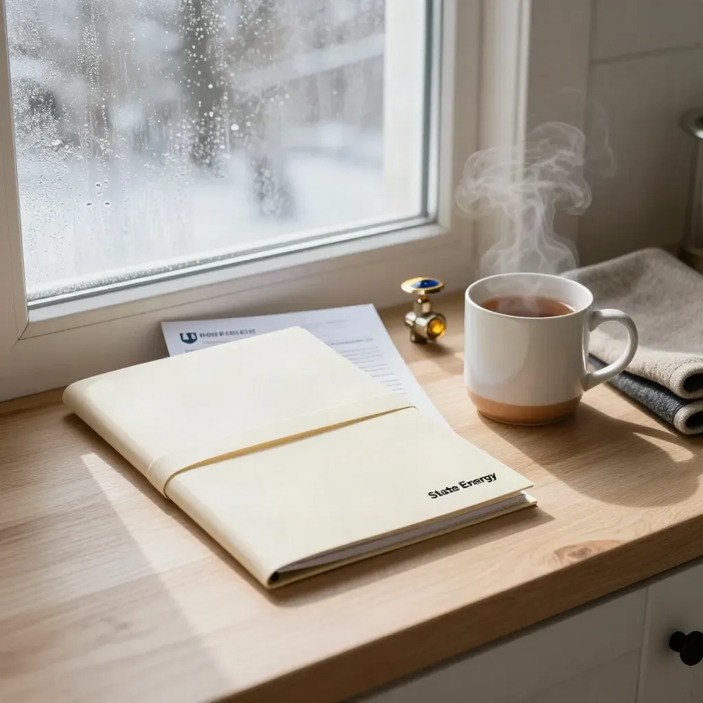 Cream bill review folder beside a mug and wool throw on a sunlit kitchen sill