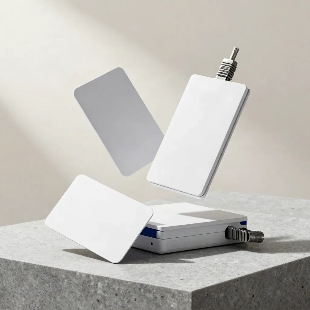Floating smart meter audit kit with pack, cable loop and plain cards on a pale stone block.