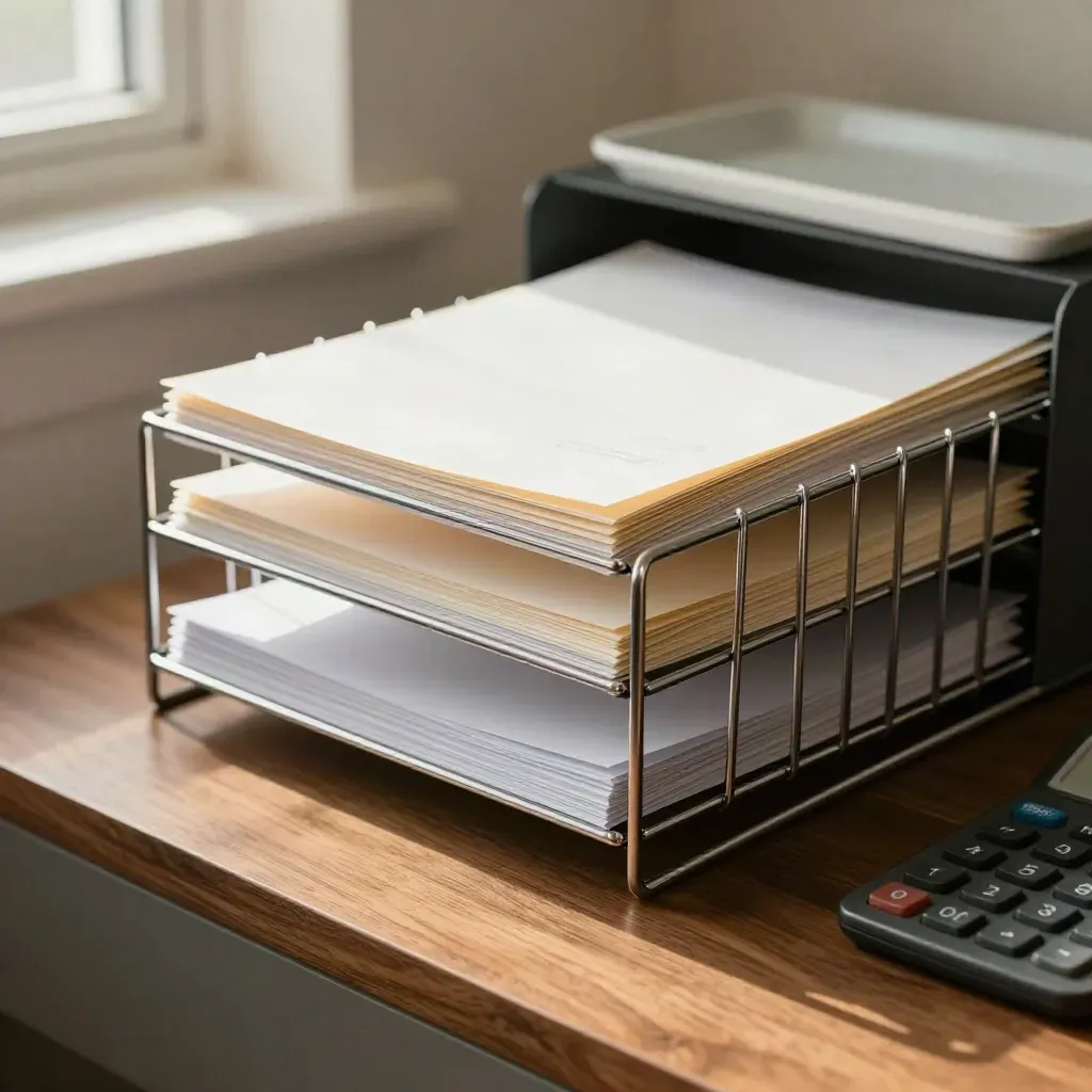 Bill management desk vignette with trays, calculator and file rack on warm walnut wood.