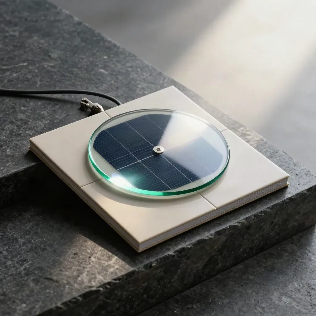 Solar plan folio with glass disc and cable coil on a diagonal stone step, lit dramatically.