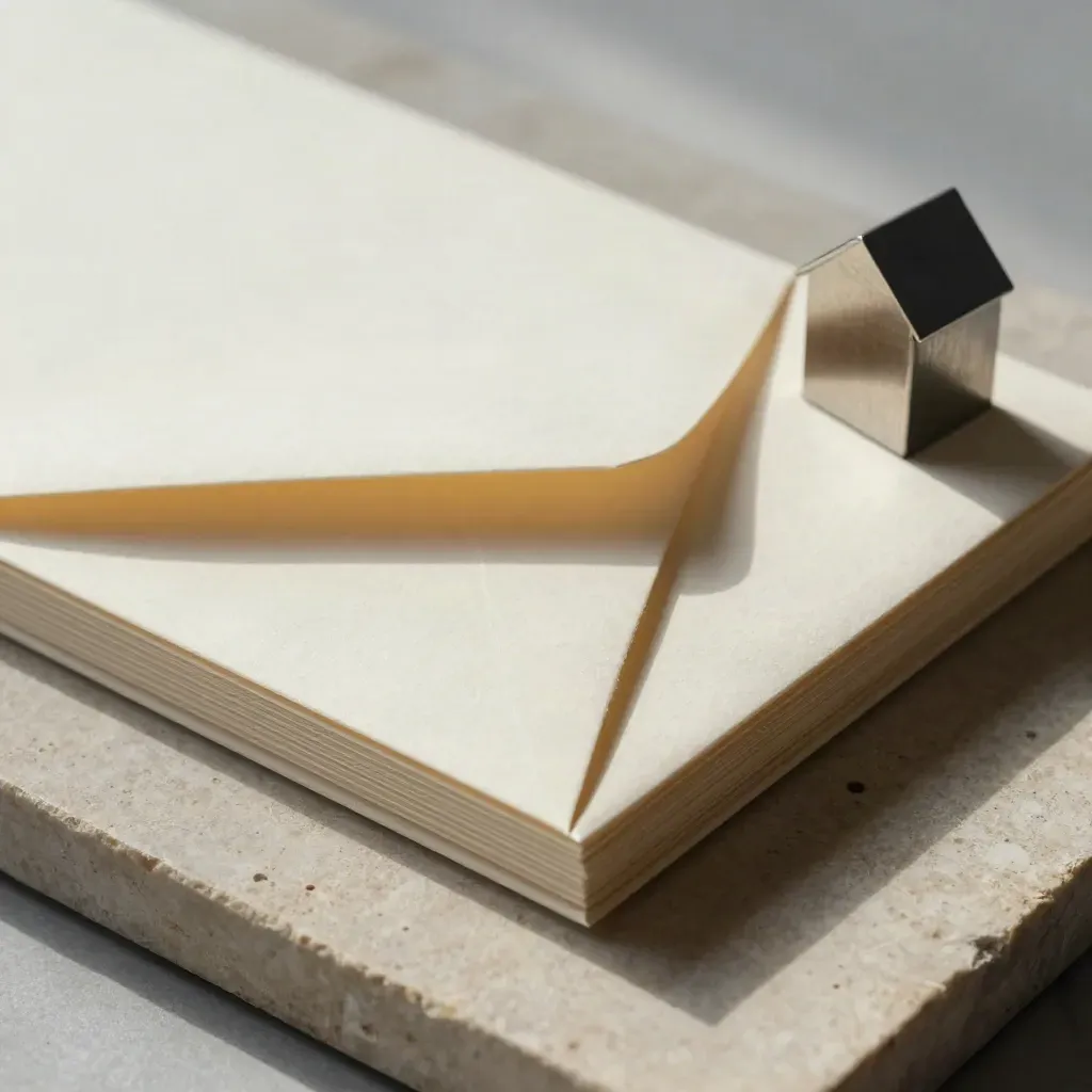 Top-down macro of a tariff check pack, envelope and house paperweight on pale stone.
