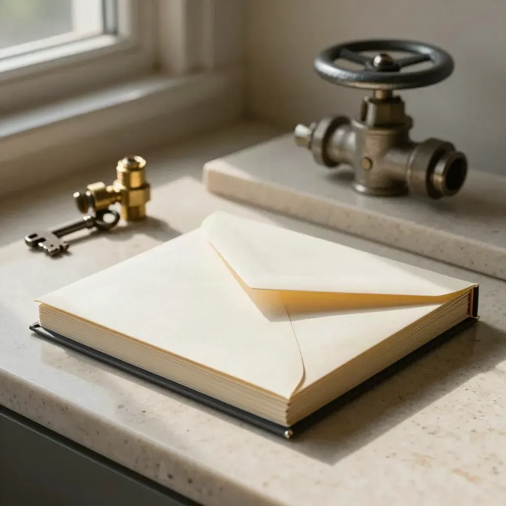 Ivory gas plan folio, blank envelope and cast-iron key on travertine in warm sun.