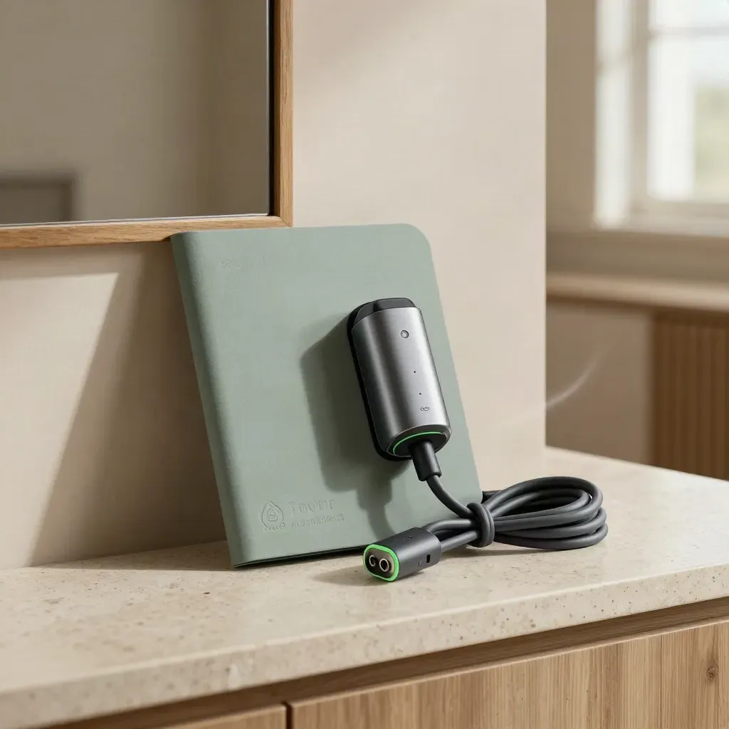 EV charging tariff bundle with cable loop, adapter form and paper folio in a modern home.