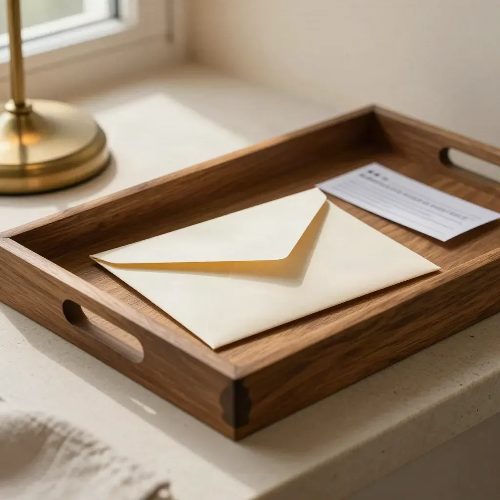 Extreme macro of a home energy review kit on an oak tray with envelope and meter slip in warm light.