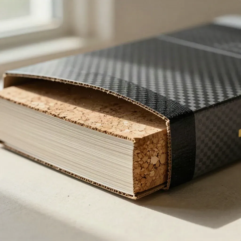 Carbon report pack with recycled card, cork block and black elastic band in soft studio light.