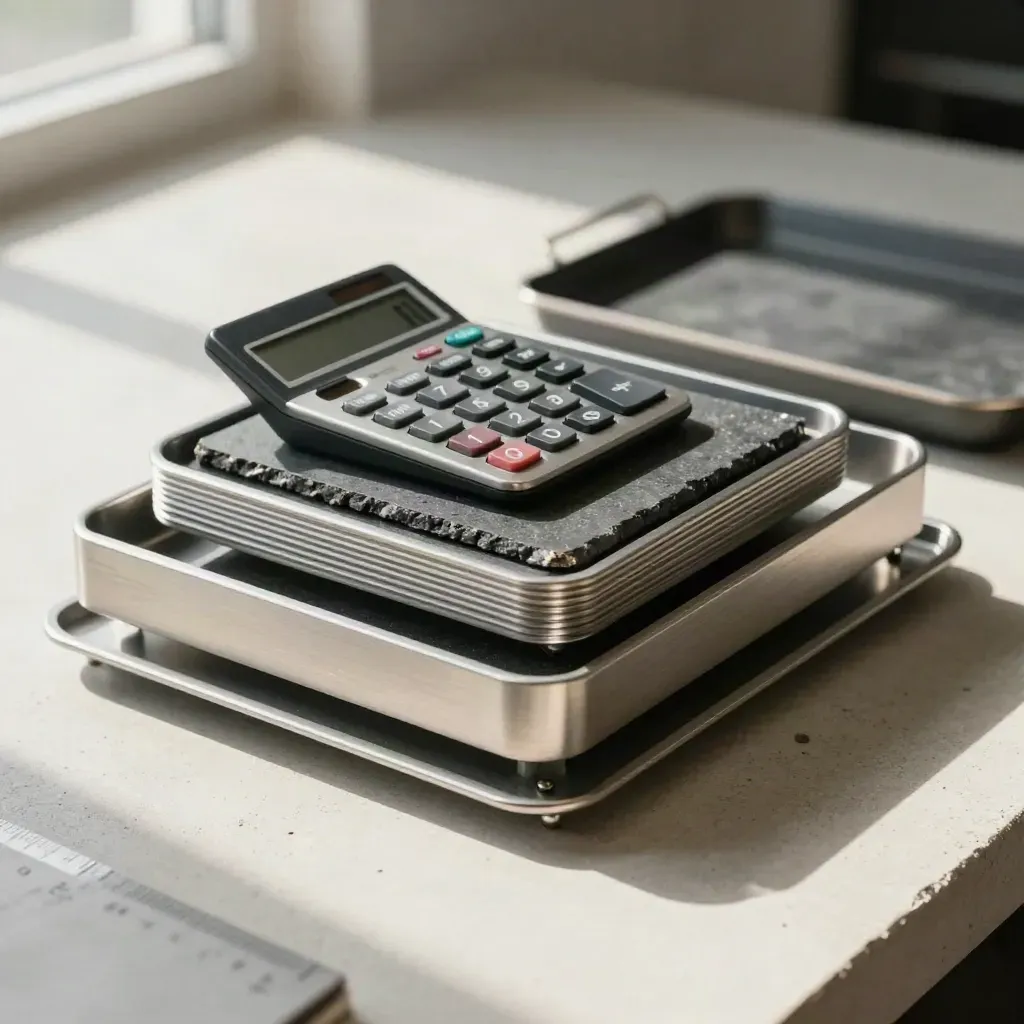 Office load audit flatlay with calculator, stacking trays and metal clip on concrete.