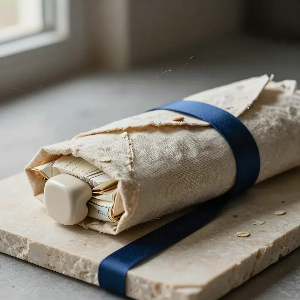Linen-wrapped bill care bundle with blue ribbon and ceramic paperweight on pale stone.