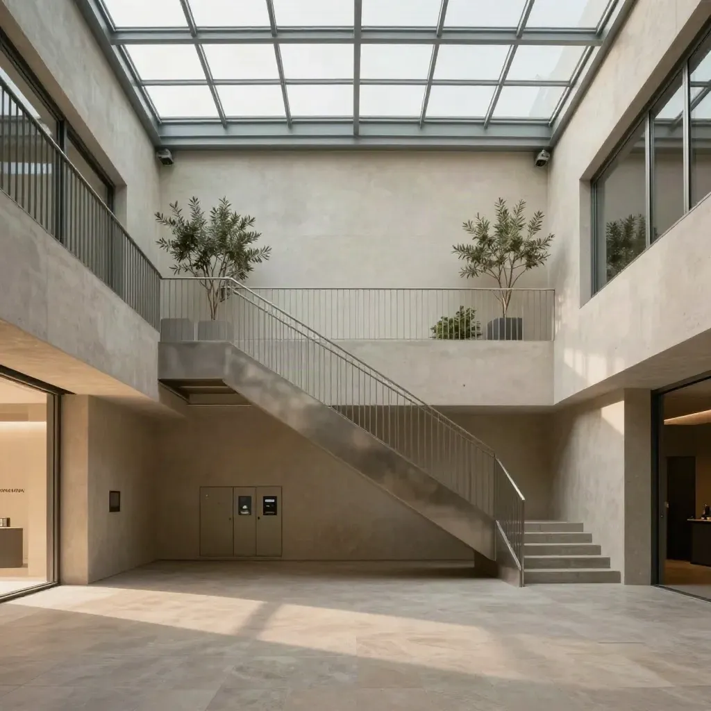 Sunlit utility atrium with glass roof beams, concrete stair and calm open floor.