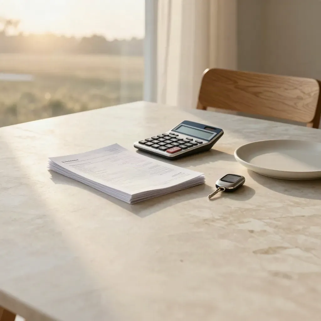 Marble tabletop with bill-check tools, oak chair back and linen drape in warm sunrise light.
