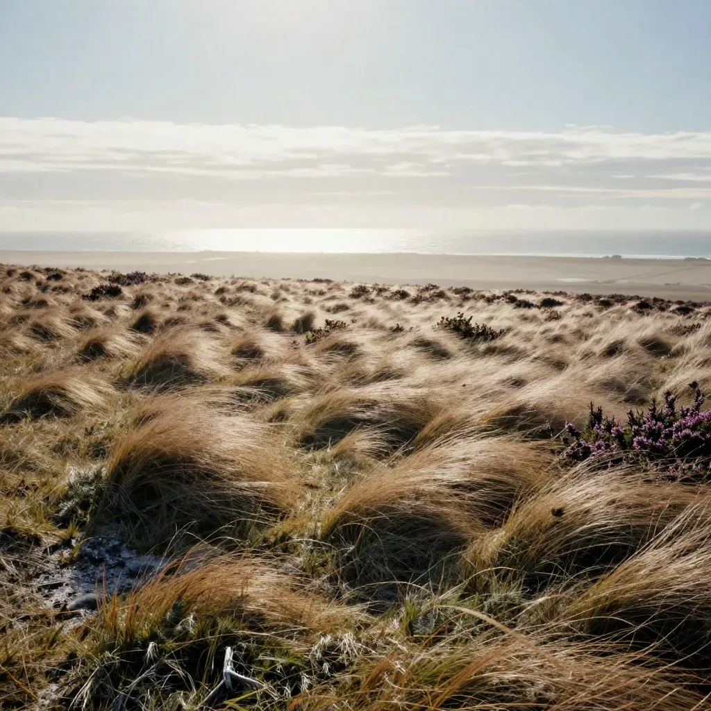 Windswept coastal heath with distant solar glint under a pale cloud band