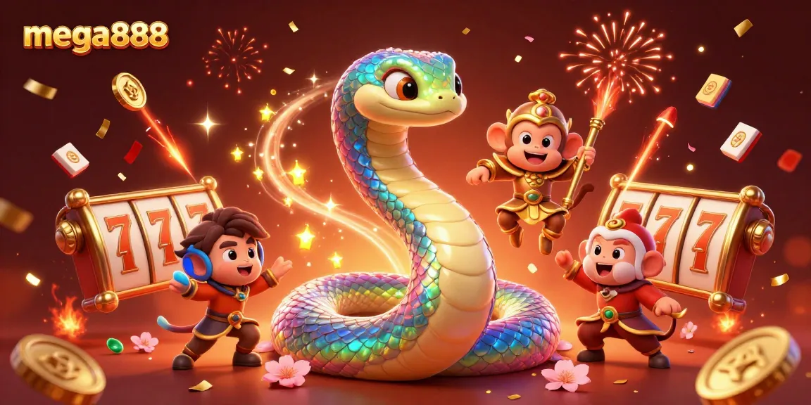 Experience the thrill of playing mega888 with a vibrant 3D celebration featuring a rainbow serpent and a monkey king.