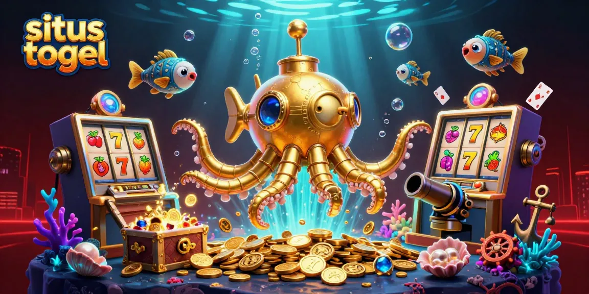 Situs togel captivates with a vibrant 3D casino scene, showcasing a golden kraken submarine amidst slot reels and treasures.