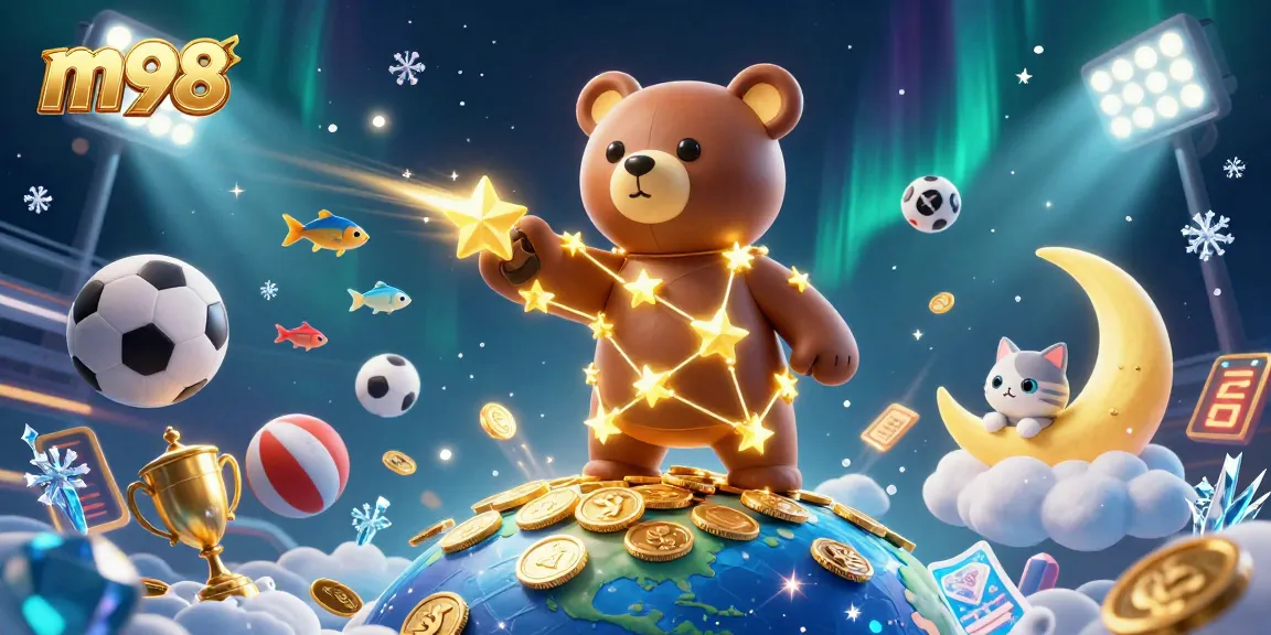 Experience thrilling wins with m98 as casino-themed characters scoop gold coins and sports elements.