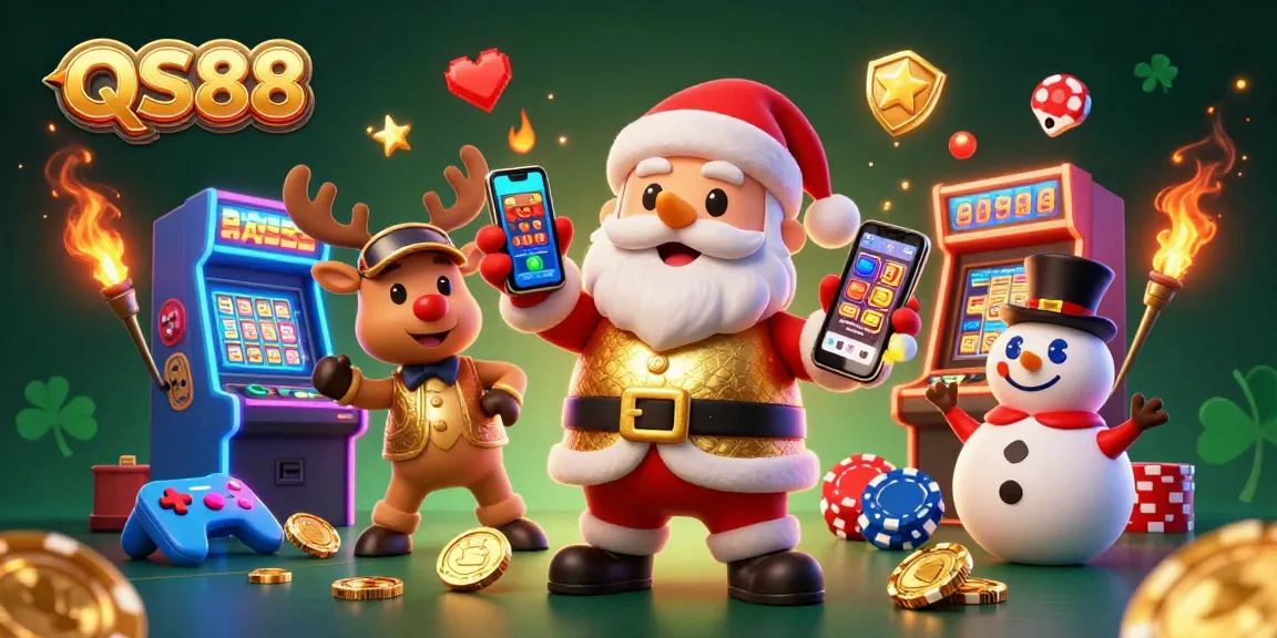 Experience the excitement of QS88 with Santa and friends in a vibrant casino scene.