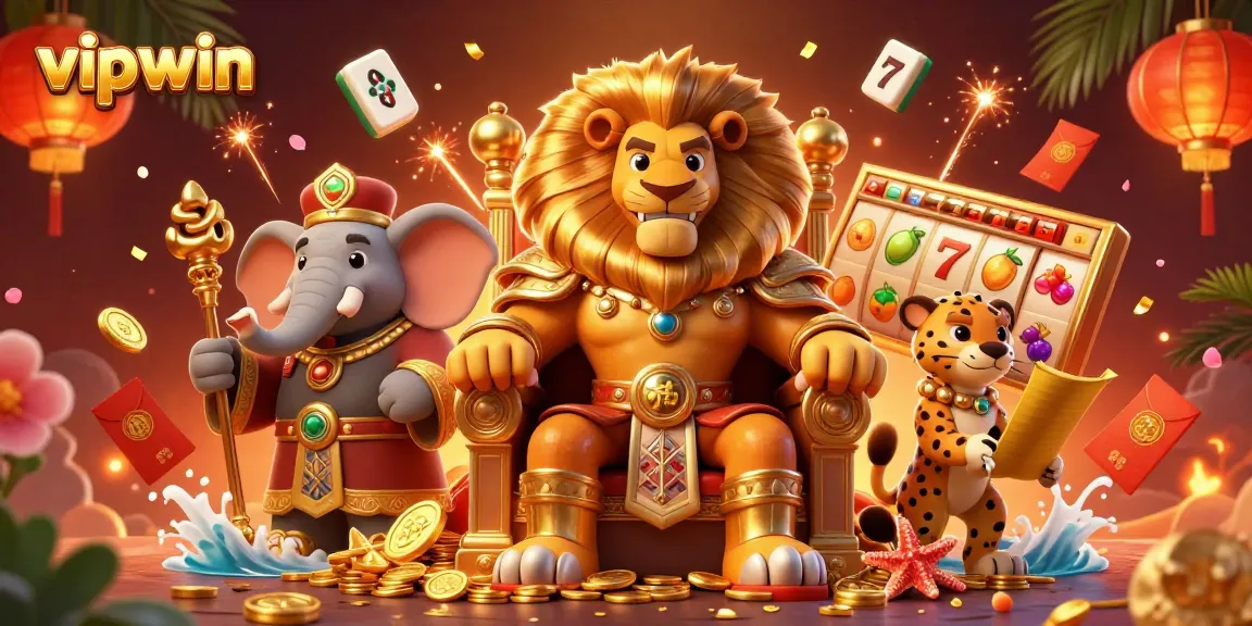 Win big at vipwin with an epic 3D casino scene featuring a lion king, elephant advisor, and cheetah!