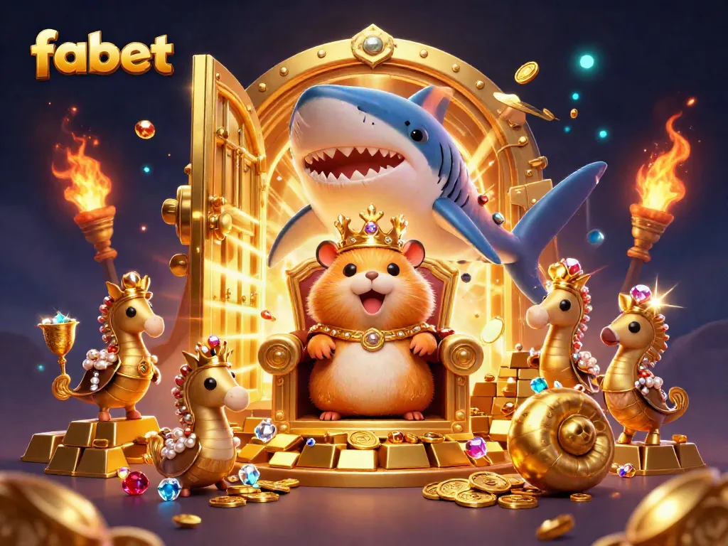 Engaging scene featuring fabet's golden hamster king amidst treasures and royal seahorse guards.