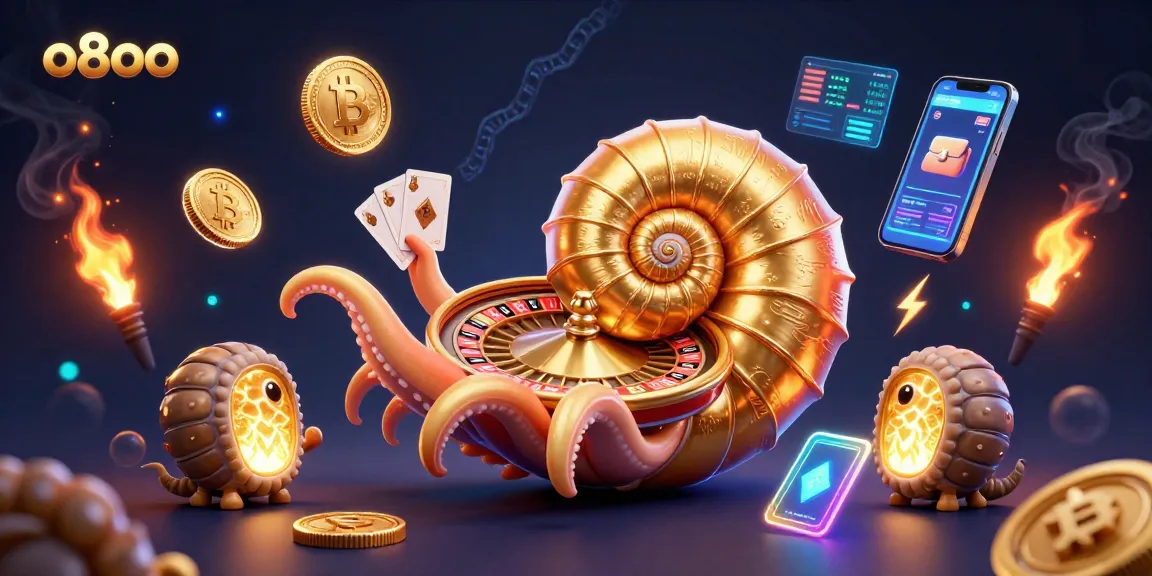 Spin the wheel and win with o8oo at this vibrant casino-themed illustration featuring crypto elements.