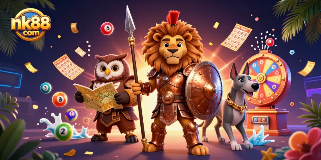 Engage with nk88 com through vibrant lottery and casino-themed illustration, featuring dynamic gaming elements.