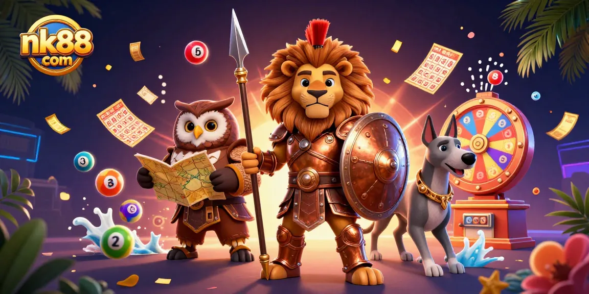 Engage with nk88 com through vibrant lottery and casino-themed illustration, featuring dynamic gaming elements.