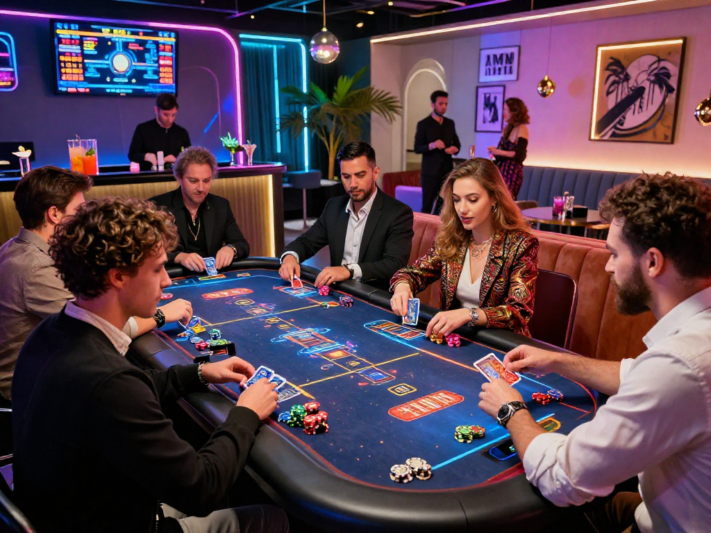 Exciting crypto casino scene with players engaging in digital gaming, neon lights, and luxury atmosphere.