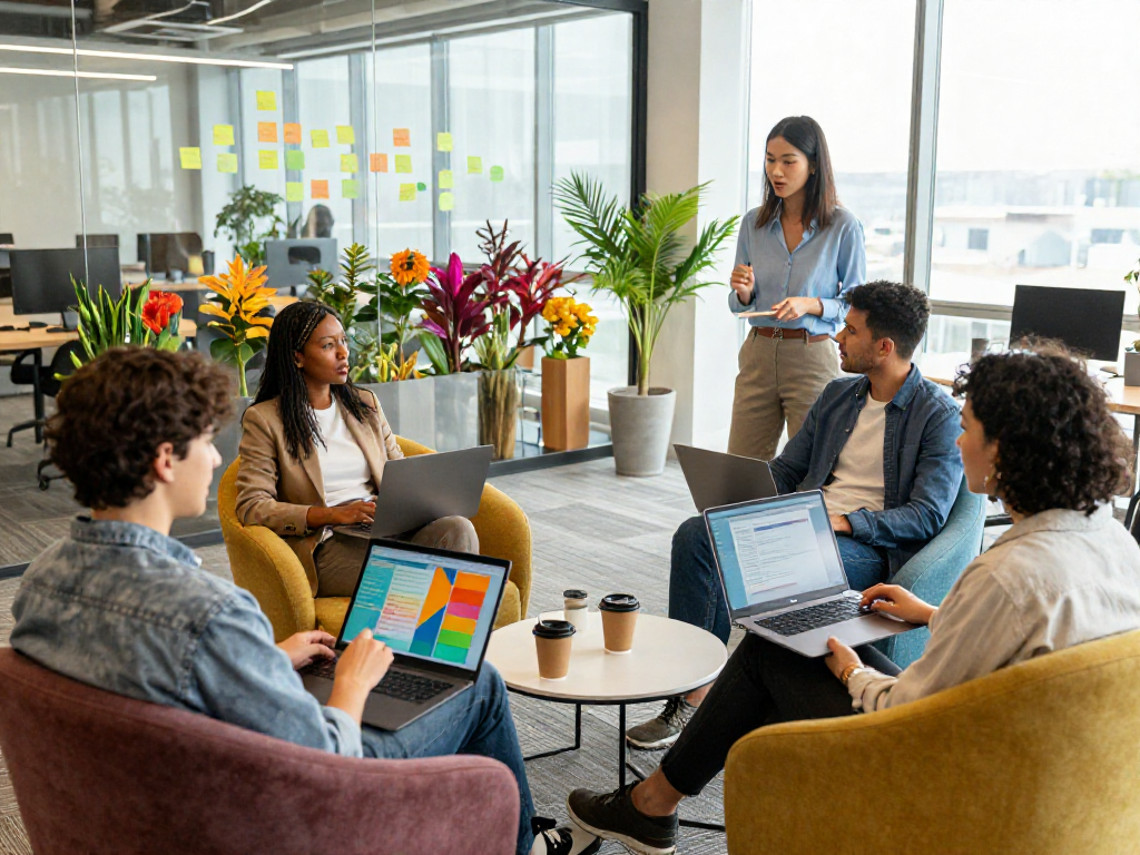 Engaging spicy chat session among diverse professionals in a vibrant office setting.