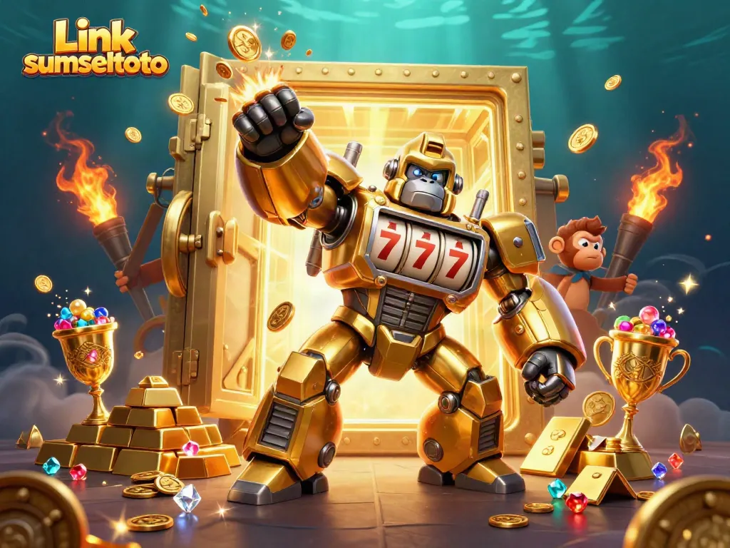 Link sumseltoto showcases a vibrant 3D casino illustration with dynamic golden elements and playful characters.