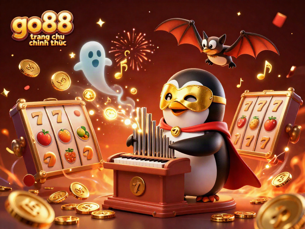 Play slots with the go88 trang chu chinh thuc penguin in dynamic 3D action, amidst vibrant casino visuals.